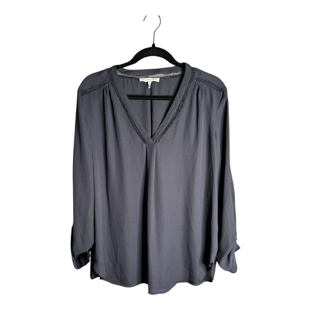 Heartloom Navy Blue V Neck Blouse Crochet Detail & Roll Tab Sleeves Large
